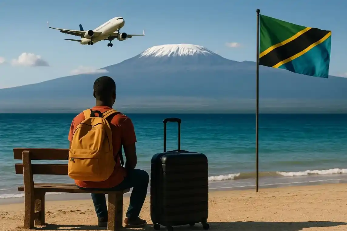 Tanzania Transit Visa showing a traveler on a layover → applying online → paying → stamping passport → boarding next flight?